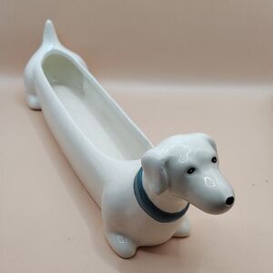 White Ceramic Dachshund Dog Planter